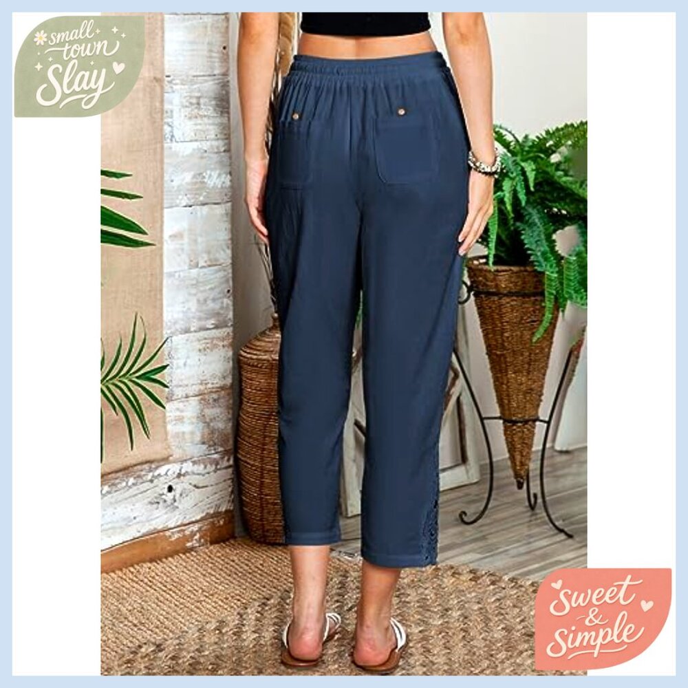 Casual Lightweight Drawstring Elastic Waist Pants with Pockets Capri Length - Picture 5 of 7